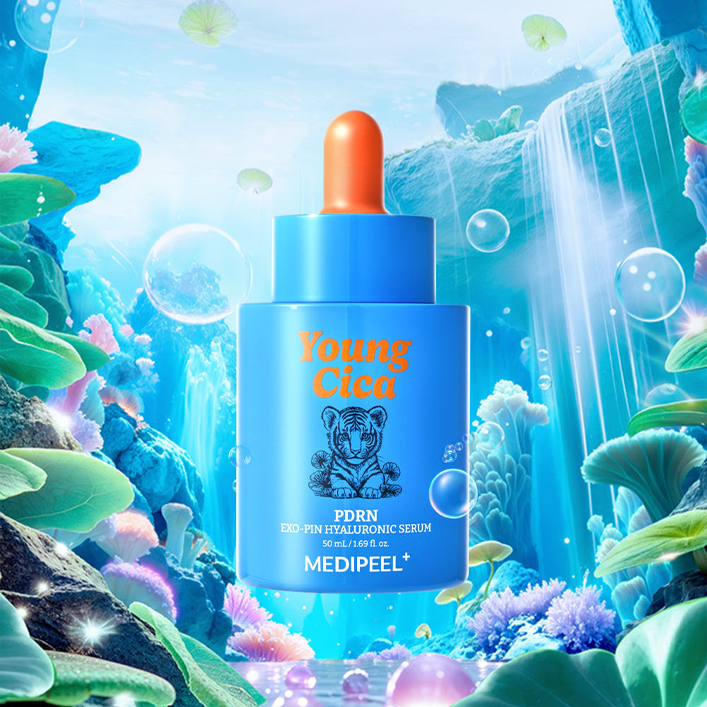 MEDIPEEL Young Cica PDRNExo-Pin Hyaluronic Serum 50ml product bottle in a vibrant underwater setting with coral and bubbles.