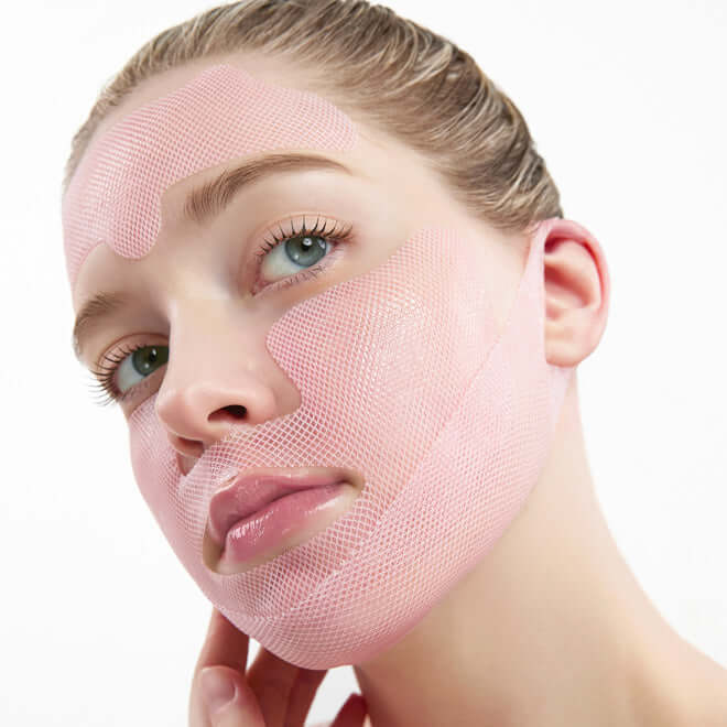 Woman wearing MEDITHERAPY Inmotox Tension Up Mask 25gX5, skincare product for facial tension relief.