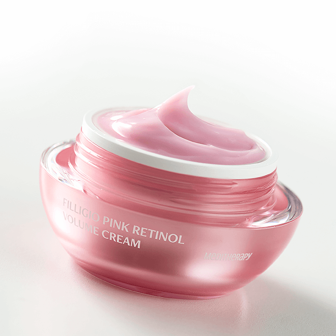 MEDITHERAPY Philizio Pink Retinol Volume Cream 50ml + EMS Device, luxurious skincare product in open pink jar with creamy texture