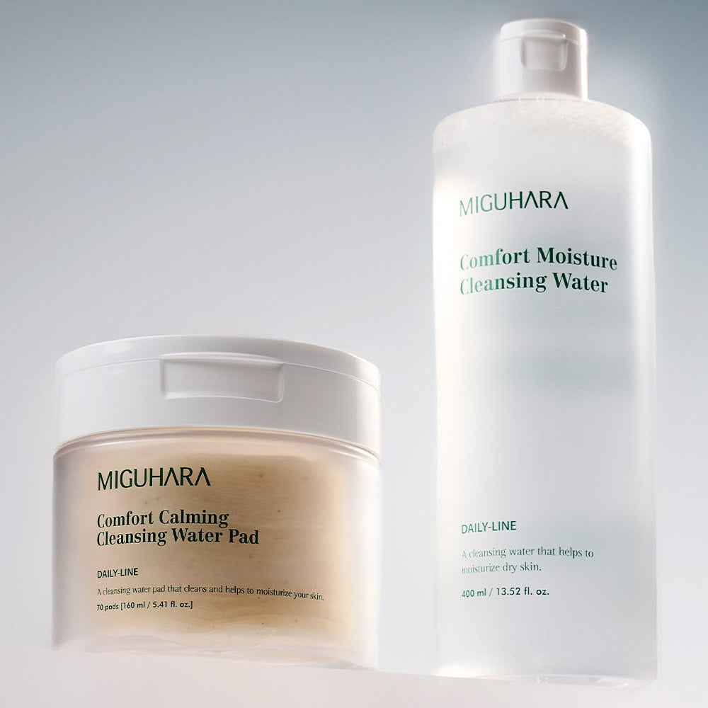 MIGUHARA Comfort Calming Cleansing Water Pads 70 Sheets and Comfort Moisture Cleansing Water bottle displayed on a white surface.
