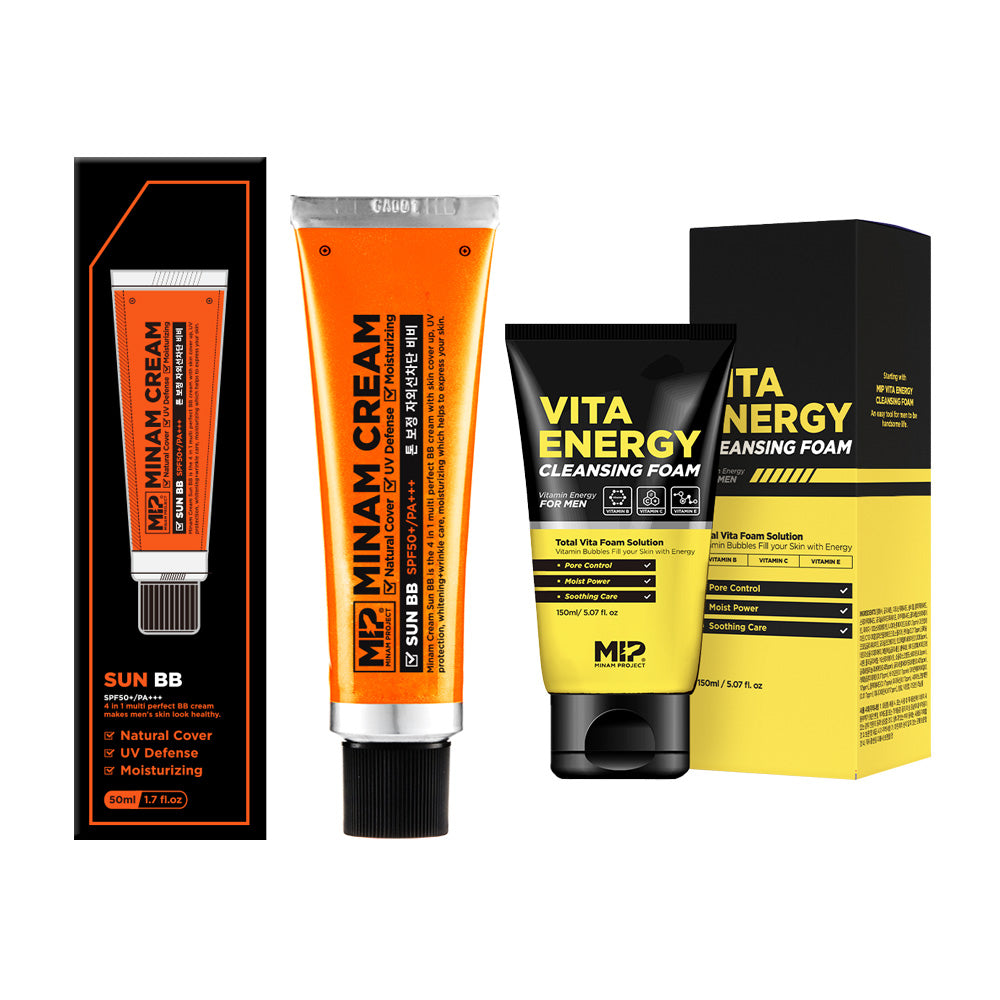 MIP Minam Cream Sun BB + Vita Energy Cleansing Foam Set - Gentleman Korea Korean skincare bundle for men, sun BB cream and cleansing foam