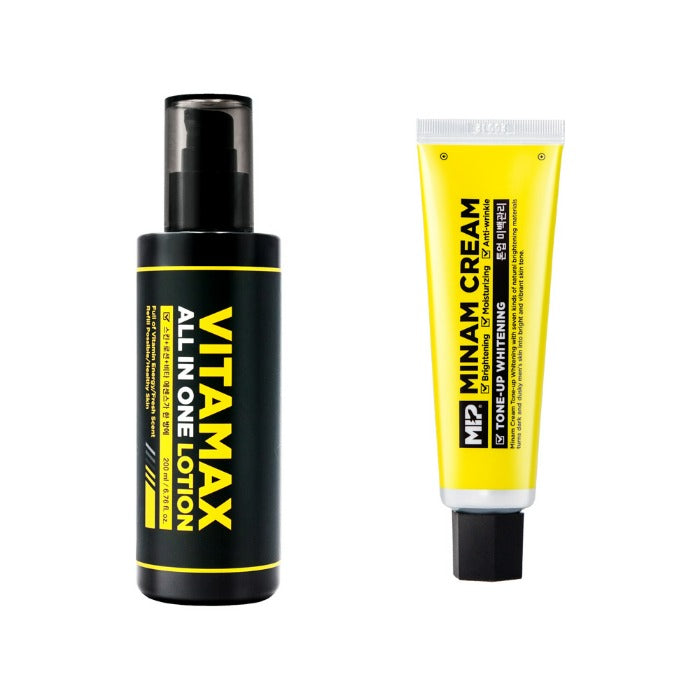 MIP Vitamax All-in-One Lotion + Minam Cream Tone-Up Whitening Set by Gentleman Korea – black Vitamax bottle and yellow Minam cream tube