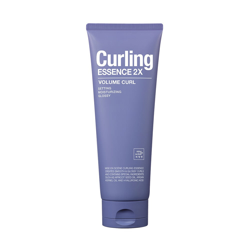MISE EN SCENE Curling Essence 2X 230ML in a purple tube, ideal for volume curl and moisturizing.