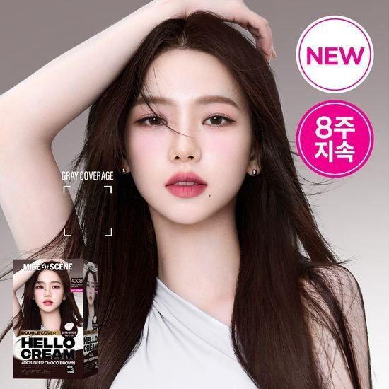 MISE EN SCENE New Hello Cream Dye featuring model with long dark hair and product packaging.