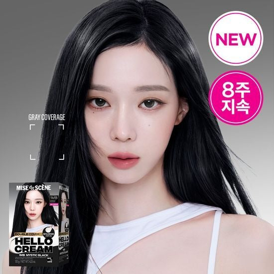 MISE EN SCENE New Hello Cream Dye product image featuring packaging and model with mystic black hair color.