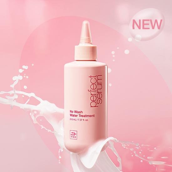 MISE EN SCENE Perfect No Wash Water Treatment 215ml shown in pink bottle with a milk-like splash background.