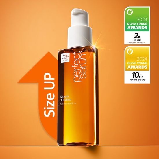 MISE EN SCENE Perfect Original Serum 200ml bottle showcasing size increase and award recognition.