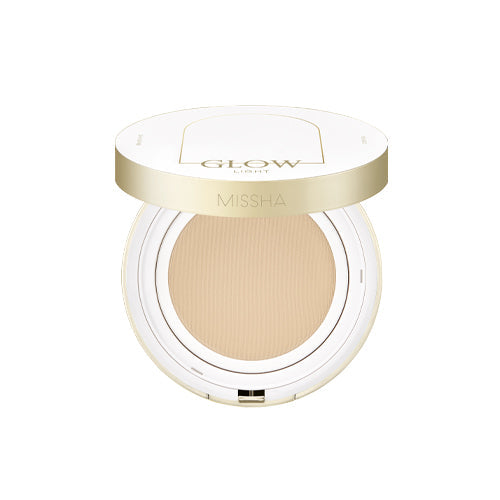 MISSHA Glow Cushion Light 13g compact foundation with open lid showcasing product shade