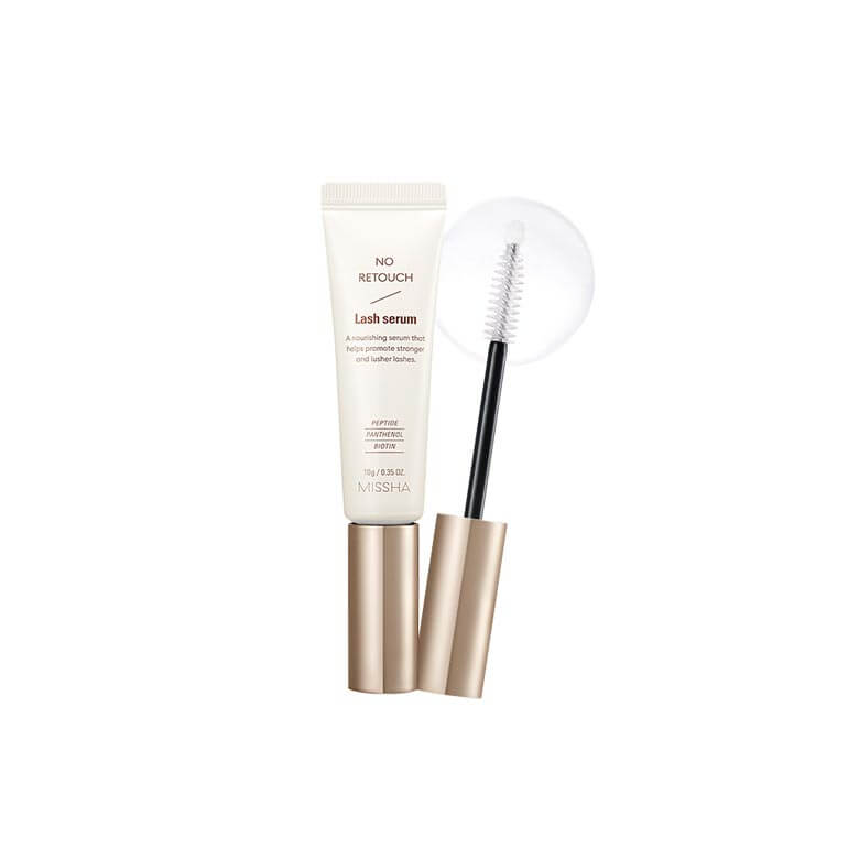MISSHA No-Retouch Lash Serum 10g with applicator brush displayed in a minimalistic setting.