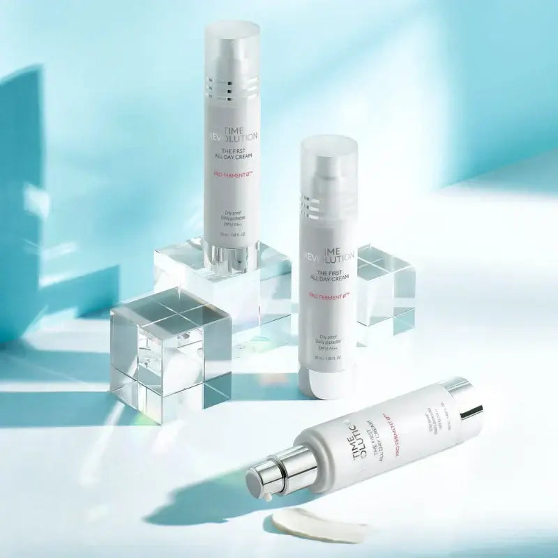 MISSHA Time Revolution The First All Day Cream 50ml displayed with clear decorative cubes
