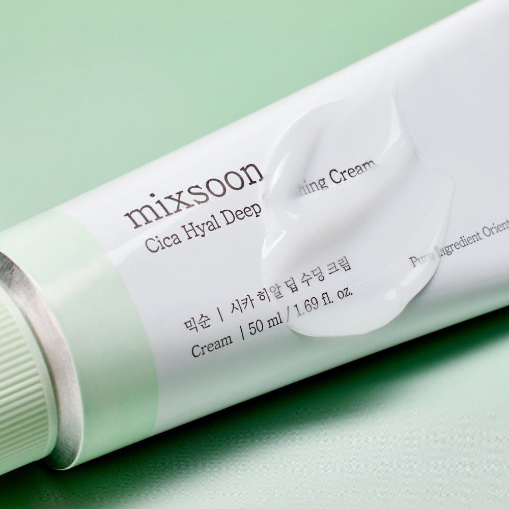 MIXSOON Cica Hyal Deep Soothing Cream 50ml on mint background showing product texture
