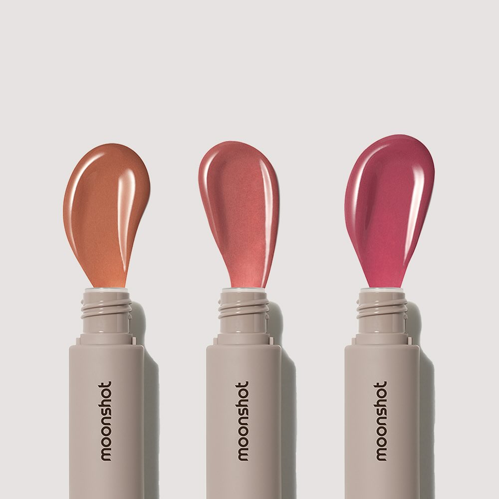 MOONSHOT Conscious Fit Melow Lip Tint in three shades, showcasing vibrant colors and smooth texture for a perfect lip finish.