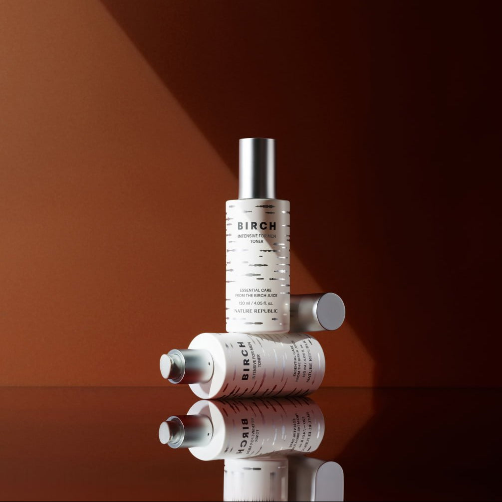 NATURE REPUBLIC Birch Intensive For Men Toner 120ml - Gentleman Korea product photo of two bottles on brown background