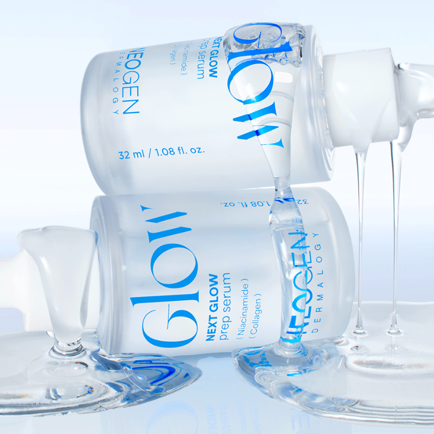 NEOGEN Next Glow 3-piece set (prep serum + moisture cream + pore refining toner) displayed with serum bottle pouring.
