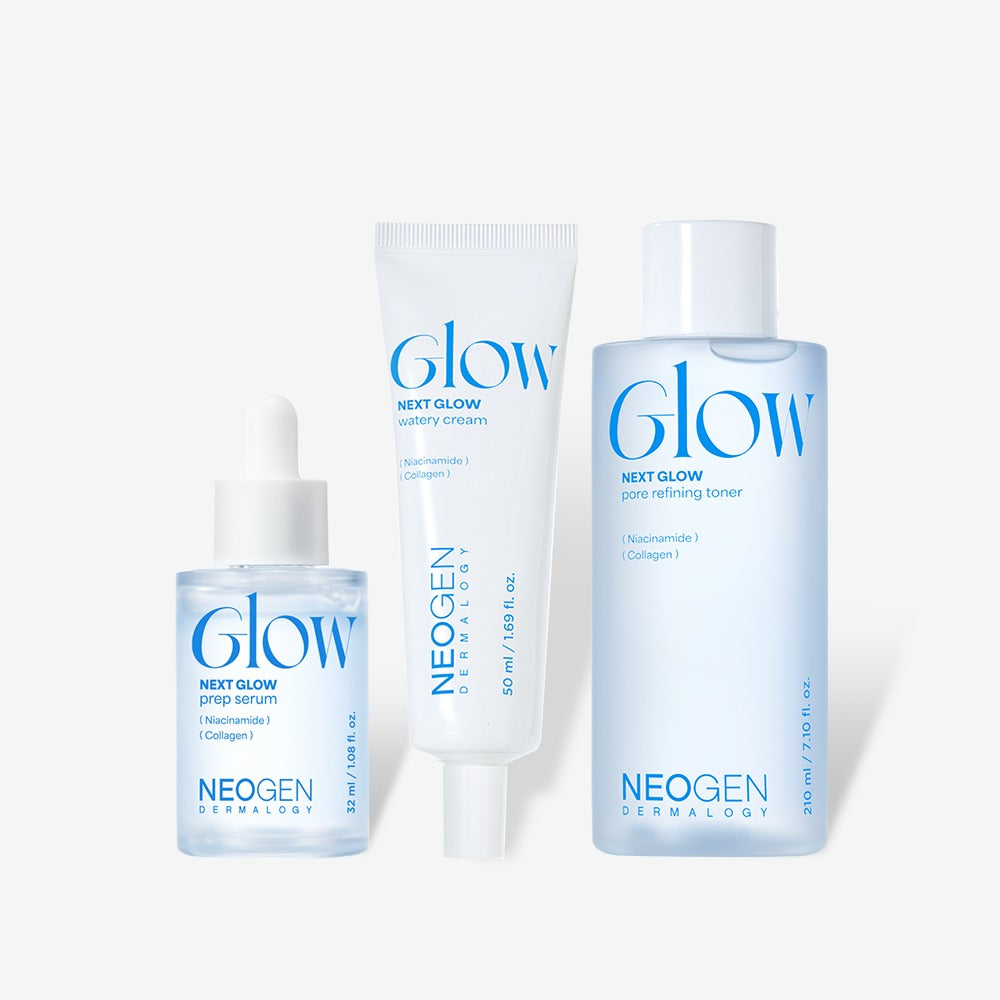 NEOGEN Next Glow 3-piece set (prep serum + moisture cream + pore refining toner) display