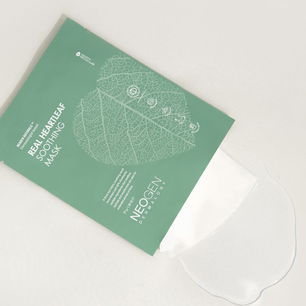 Image of NEOGEN Real Heartleaf Soothing Mask 5 Packs with packaging and sheet mask visible.