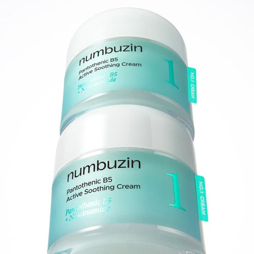 NUMBUZIN No.1 Pantothenic Acid Active Soothing Cream 80ml displayed in clear turquoise jars.