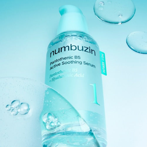 NUMBUZIN No.1 Pantothenic Acid Active Up Soothing Serum 50ml bottle with liquid droplets on blue background