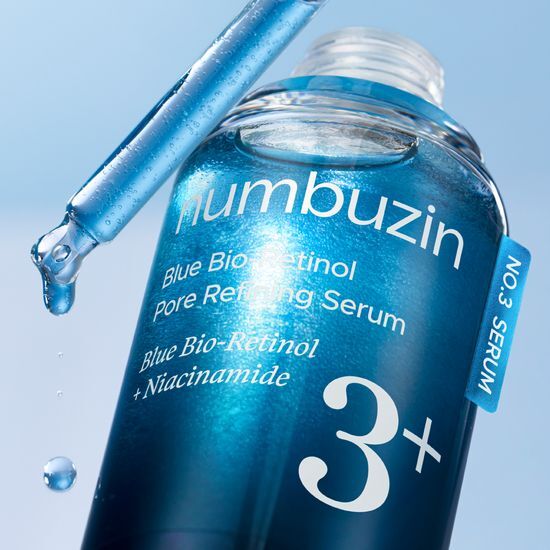 NUMBUZIN No.3 Blue Bio Retinol Pore Ampoule 30ml with dropper, highlighting retinol and niacinamide formula