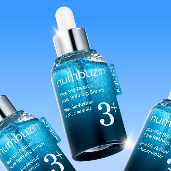 NUMBUZIN No.3 Blue Bio Retinol Pore Ampoule 30ml in a vibrant blue bottle with dropper, highlighting pore refining benefits.