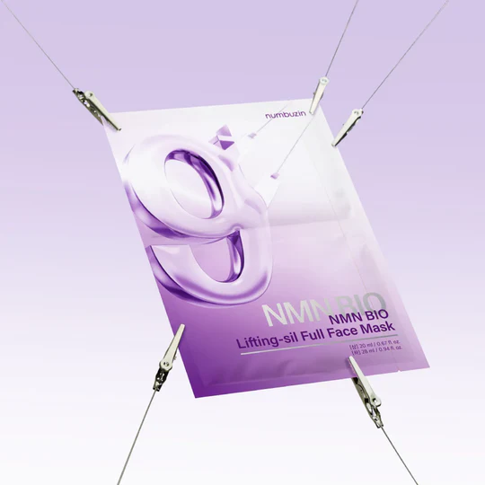 NUMBUZIN No.9 NMN Bio Lifting Full Face Pack 4 sheets product packaging suspended by clips on purple background