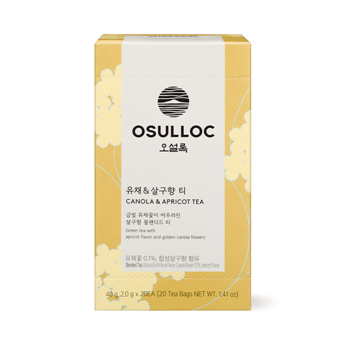 OSULLOC Canola & Apricot Tea 20 P package, featuring premium green tea blend with apricot flavor and canola flowers, 20 tea bags.