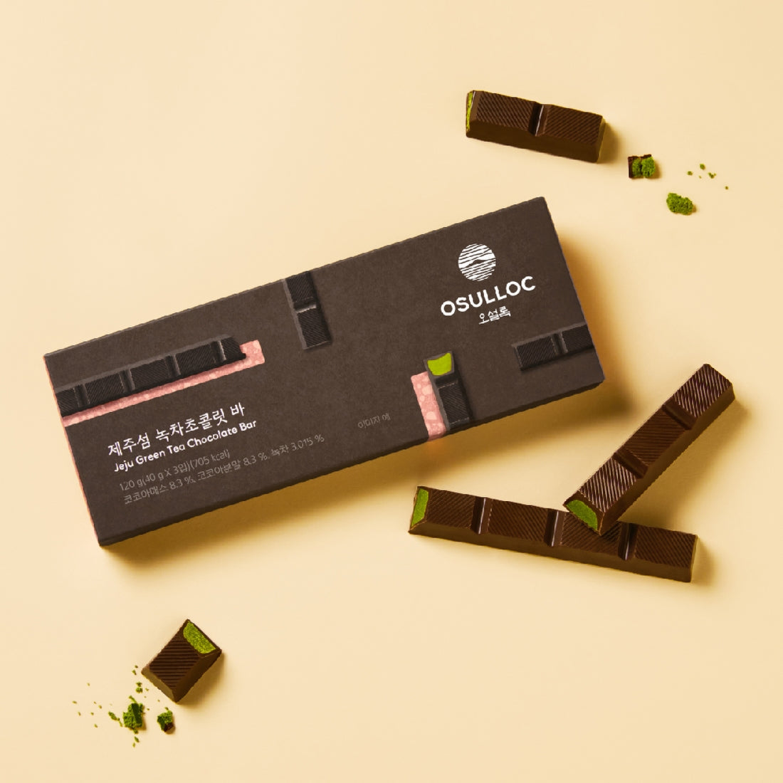OSULLOC Jeju Island Green Tea Chocolate Bar 120g packaging and chocolate pieces on display