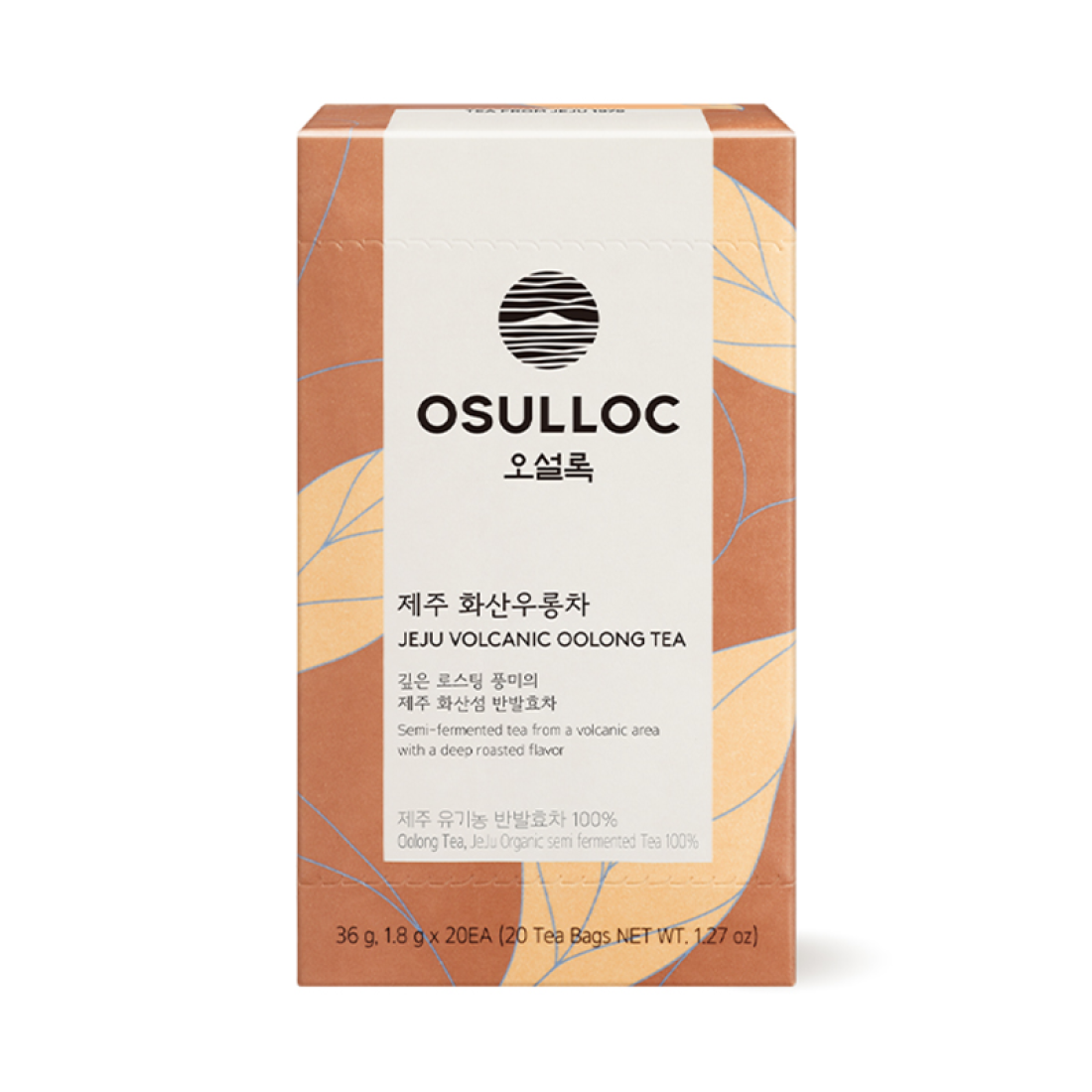 OSULLOC Jeju Volcanic Oolong Tea 20 P box packaging front view, featuring organic semi-fermented tea from volcanic area.