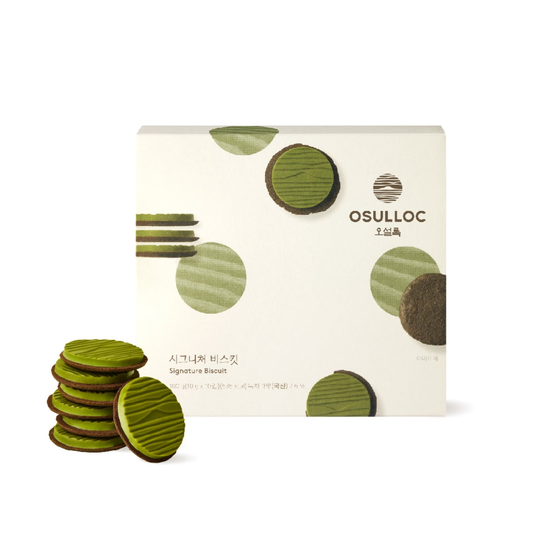 Box and stack of OSULLOC Signature Biscuits 10 P with green tea flavor displayed elegantly.