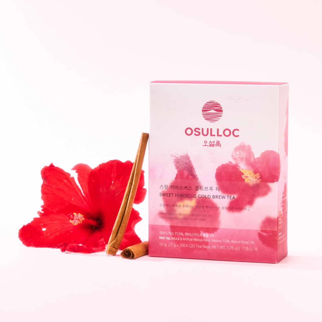 OSULLOC Sweet Hibiscus Cold Brew Tea 20 P packaging with red hibiscus flowers and cinnamon sticks on a white background.
