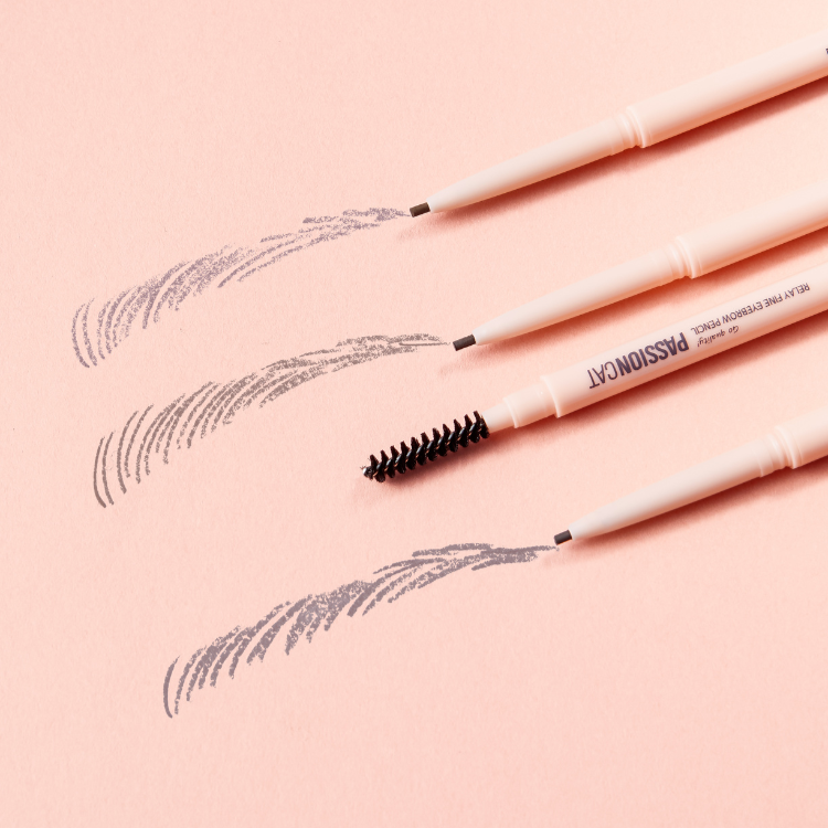 PASSION CAT Relay Fine Eyebrown Pencil 0.09g on pink background with fine eyebrow strokes