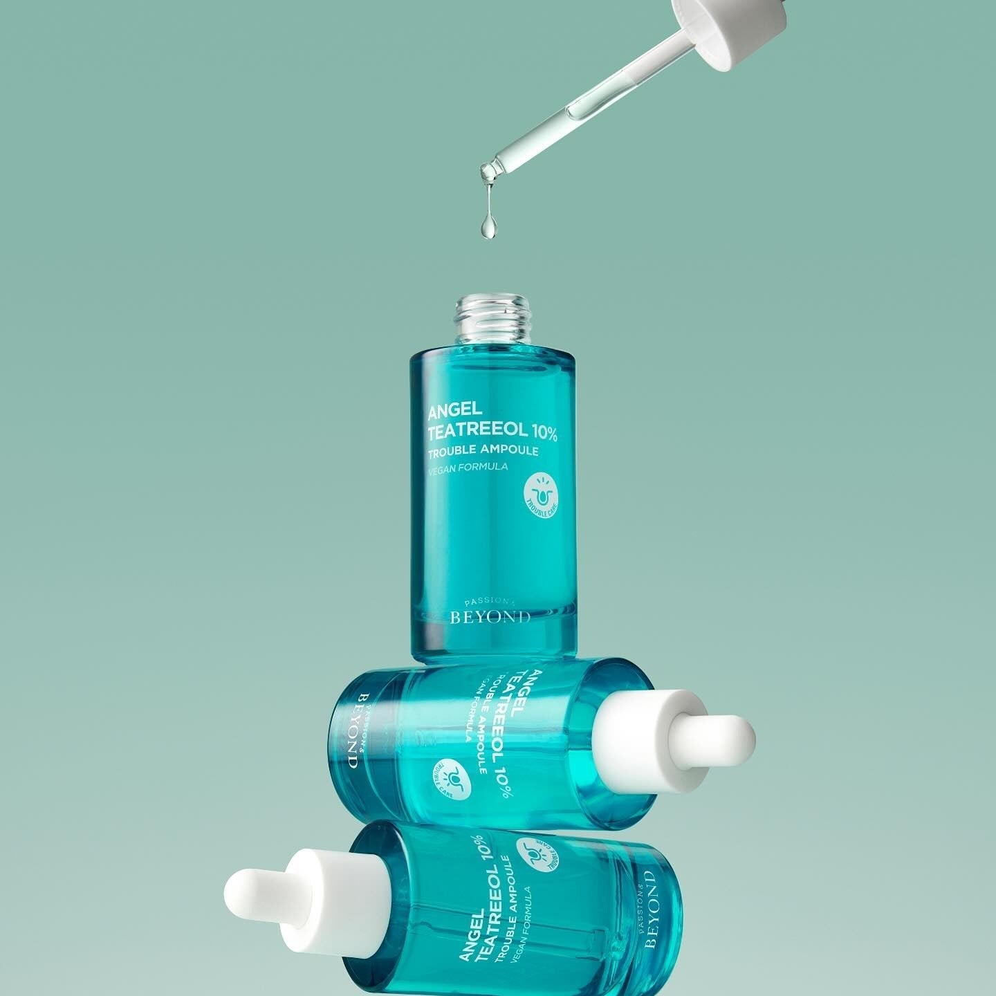 PASSION&BEYOND Angel Tea Tree 10% Trouble Ampoule 50ml product image with droppers.