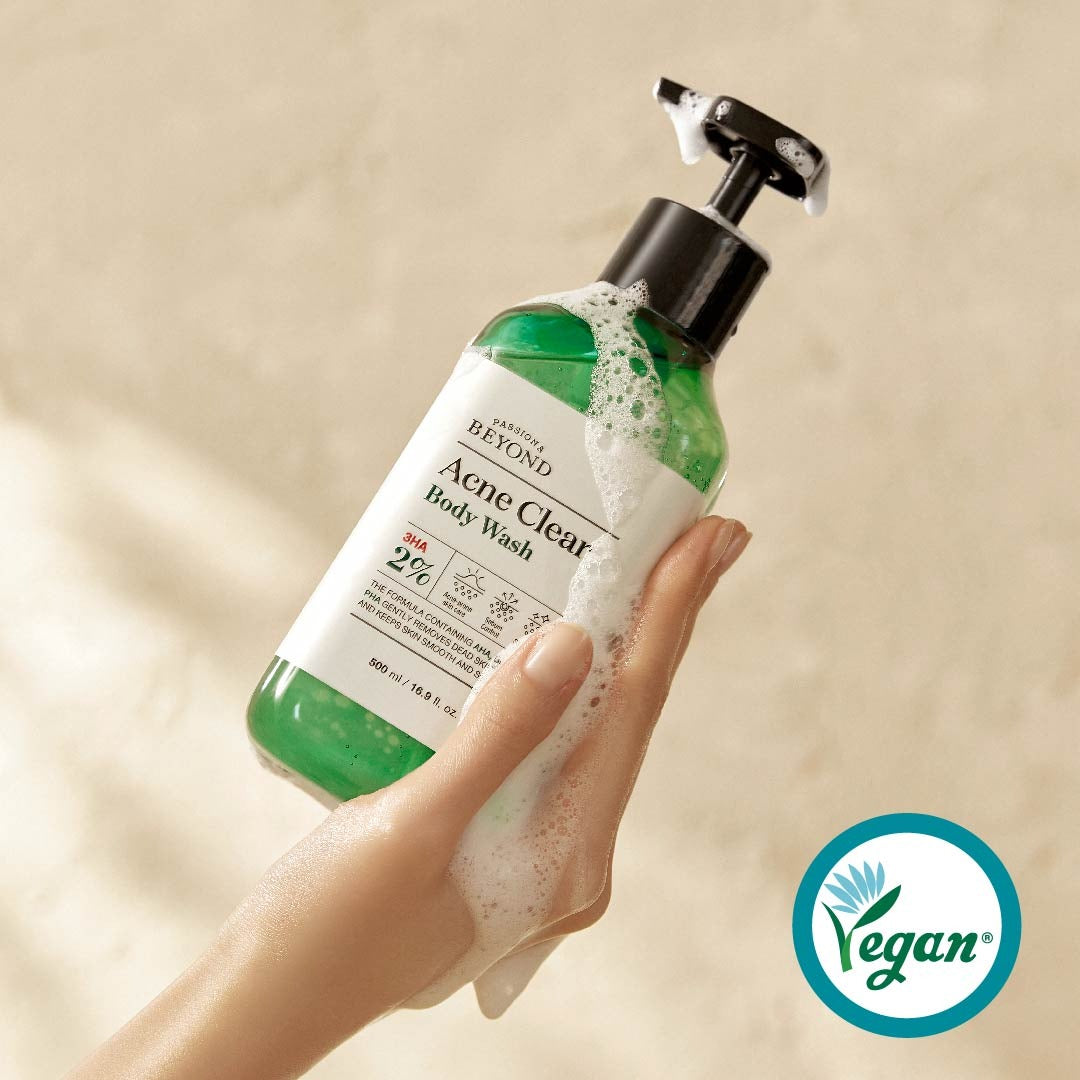 PASSON&BEYOND Acne Clear Body Wash 500ml in hand with vegan certification label