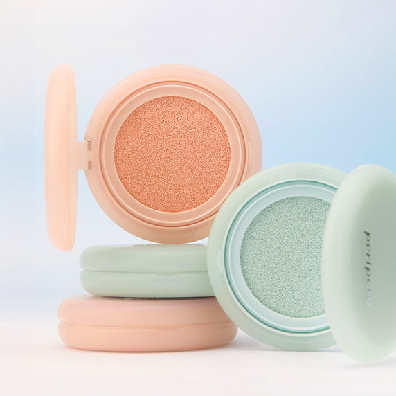 PERIPERA Filter Fit Milk Tone-Up Cushion in pastel packaging, showcasing compact tone-up cushions with peach and mint colors.