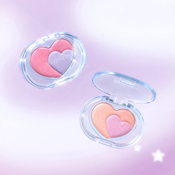 PERIPERA Heart Pocket Beam cosmetic product in heart-shaped compact with pink and orange shades on a dreamy background