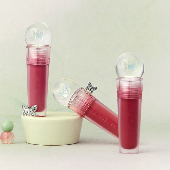 PERIPERA Ink The Jellable Tint in elegant packaging with butterfly decor, showcasing vibrant lip tint colors.