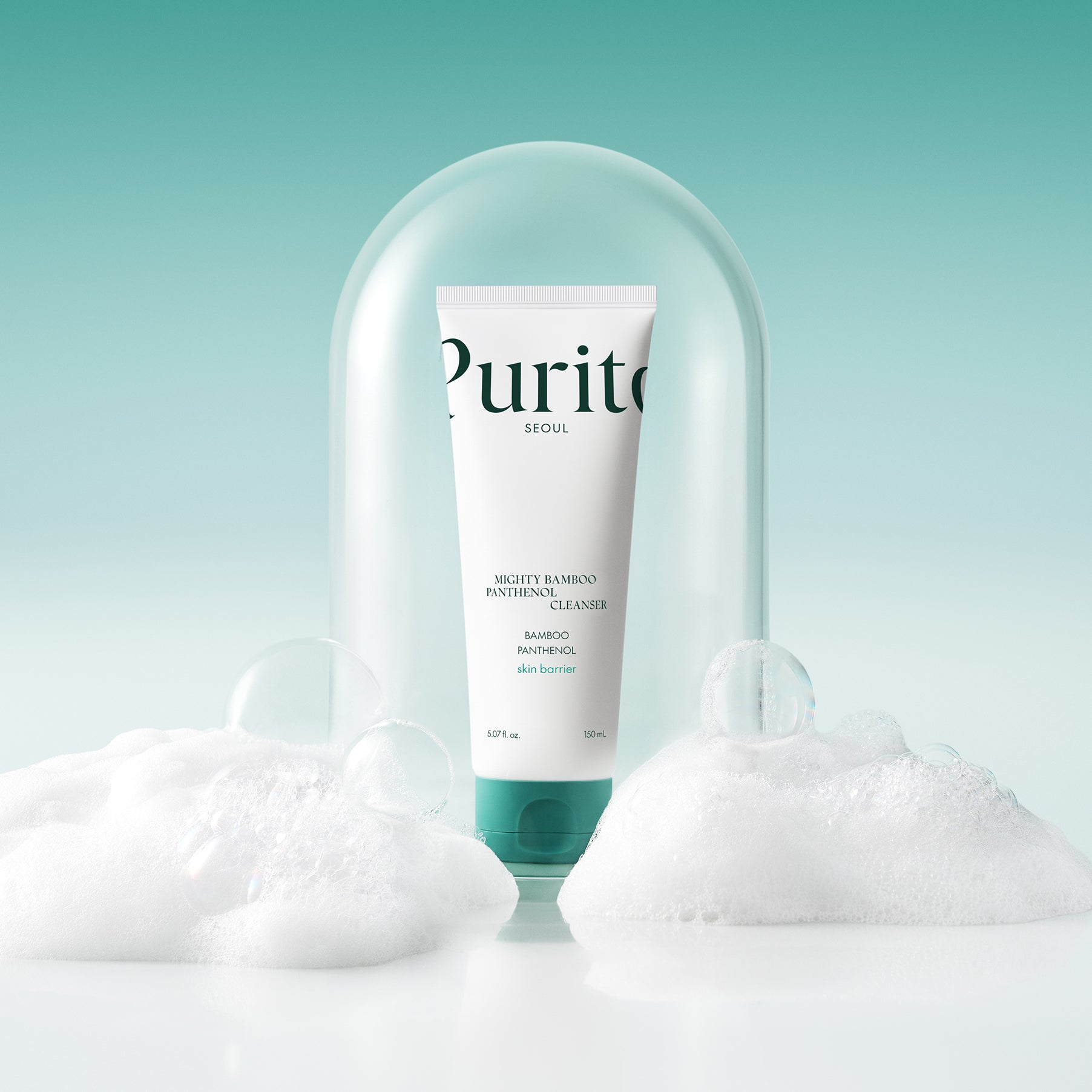 Image of PURITO Mighty Bamboo Panthenol Cleanser 150ml with bubbles on a turquoise background.