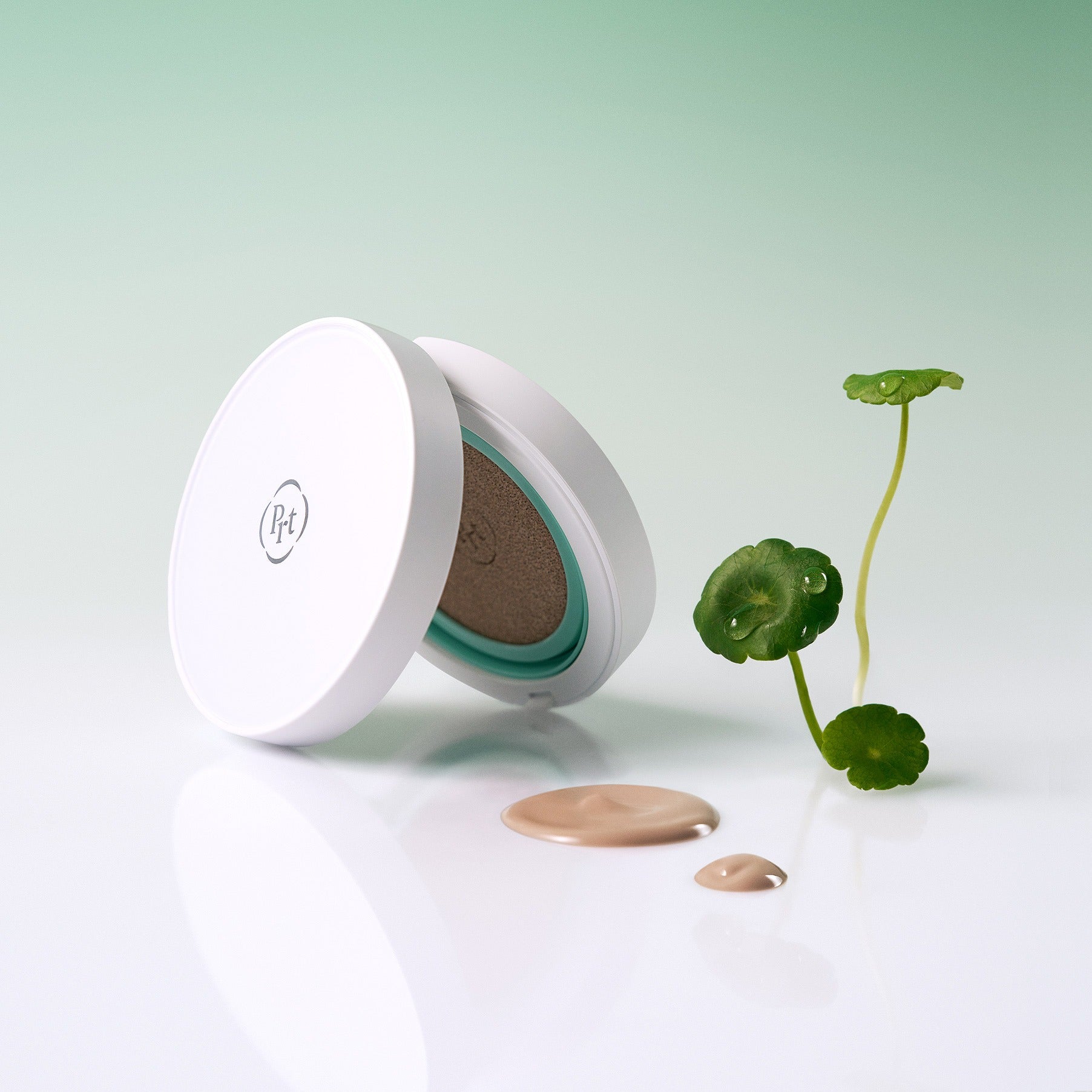 PURITO Wonder Relief Celtella BB Cushion 15g with soothing properties and natural ingredients shown with a plant on a green background.