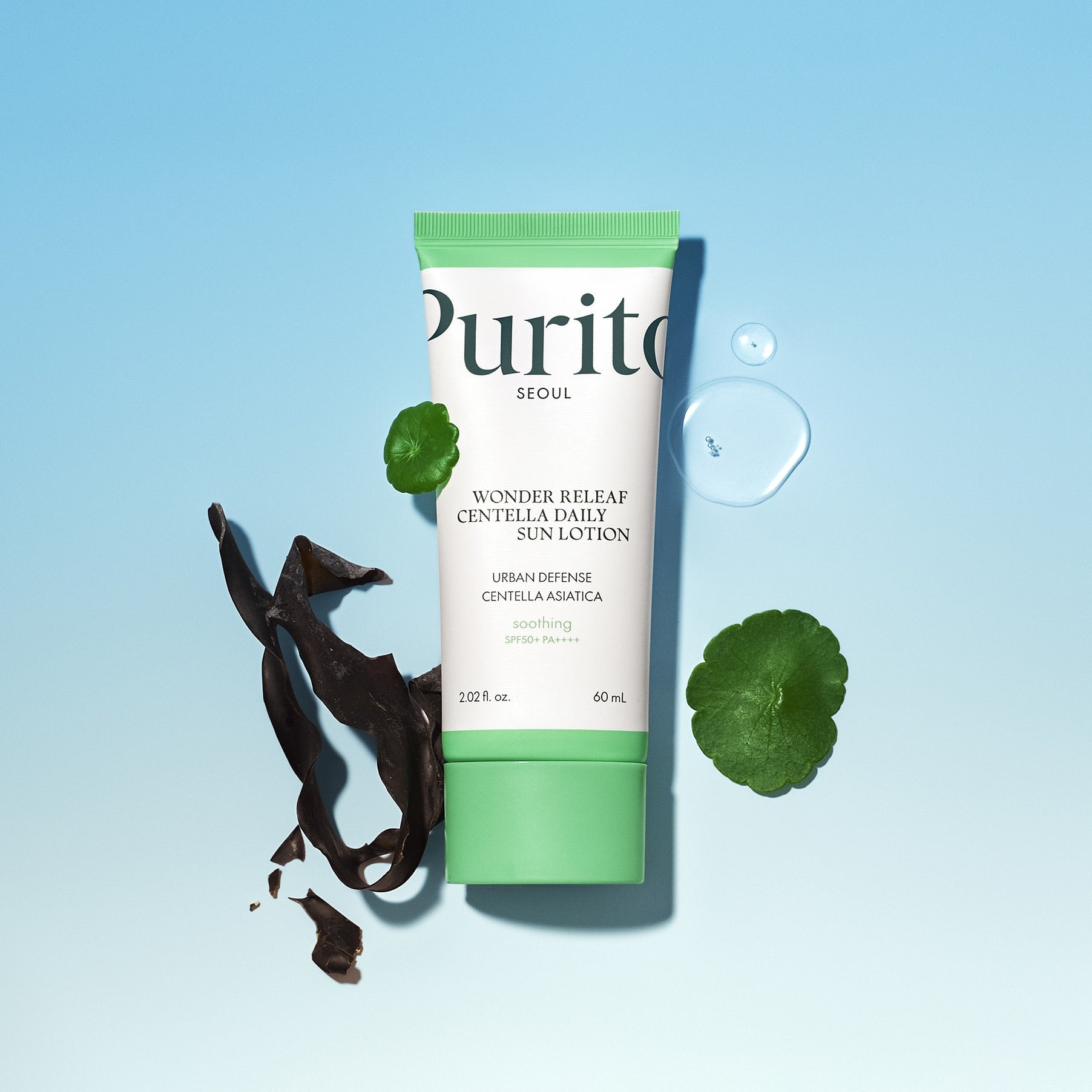 PURITO Wonder Relief Centella Daily Sun Lotion SPF50+PA++++ bottle with natural ingredients on blue background