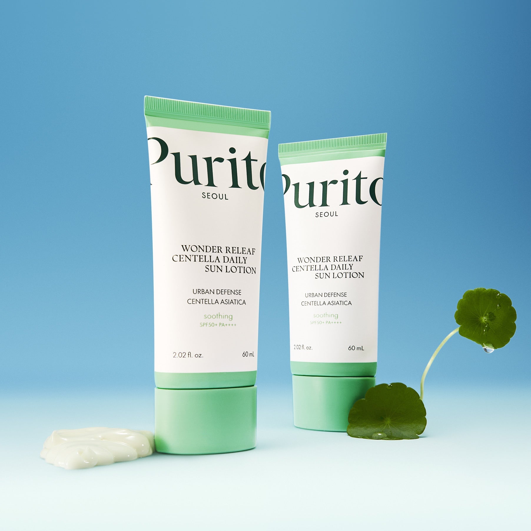 PURITO Wonder Relief Centella Daily Sun Lotion SPF50+PA++++ with soothing formula and packaging against a blue background.