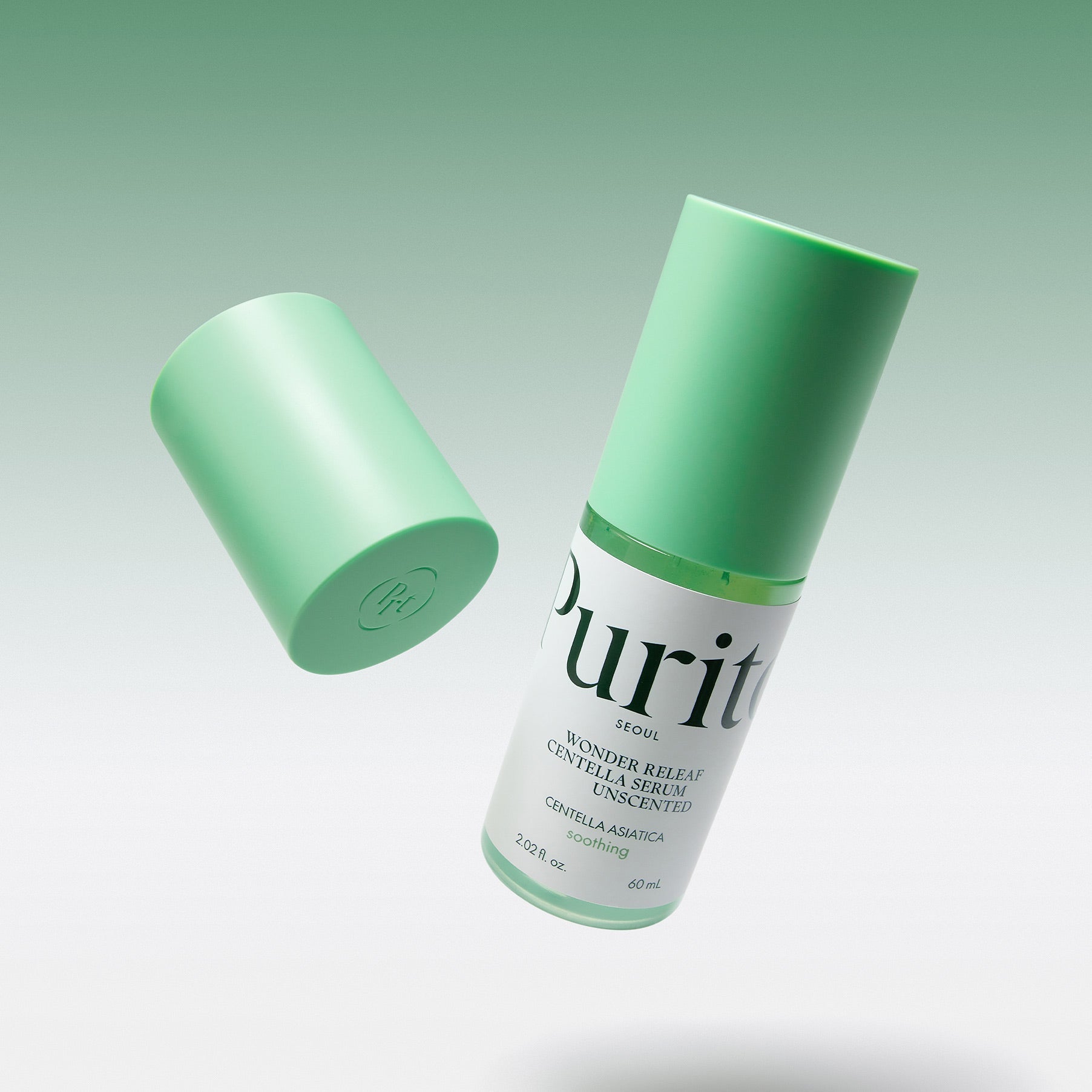 PURITO Wonder Relief Centella Serum Unscented 60ml bottle with green cap on gradient background