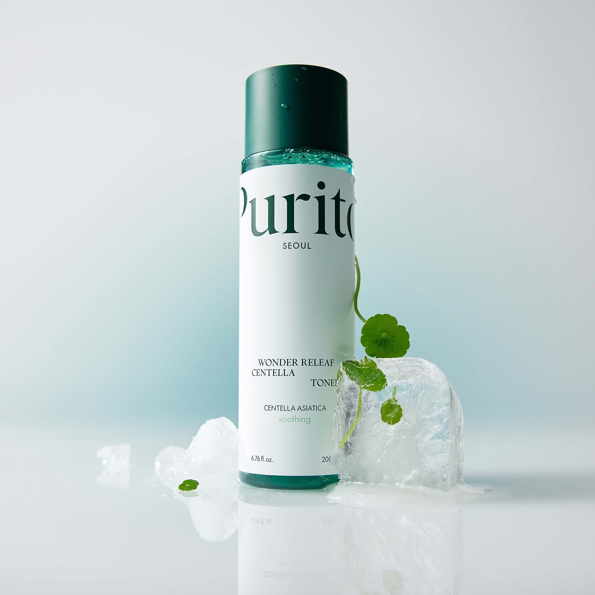 PURITO Wonder Relief Centella Toner 200ml bottle with ice and leaves