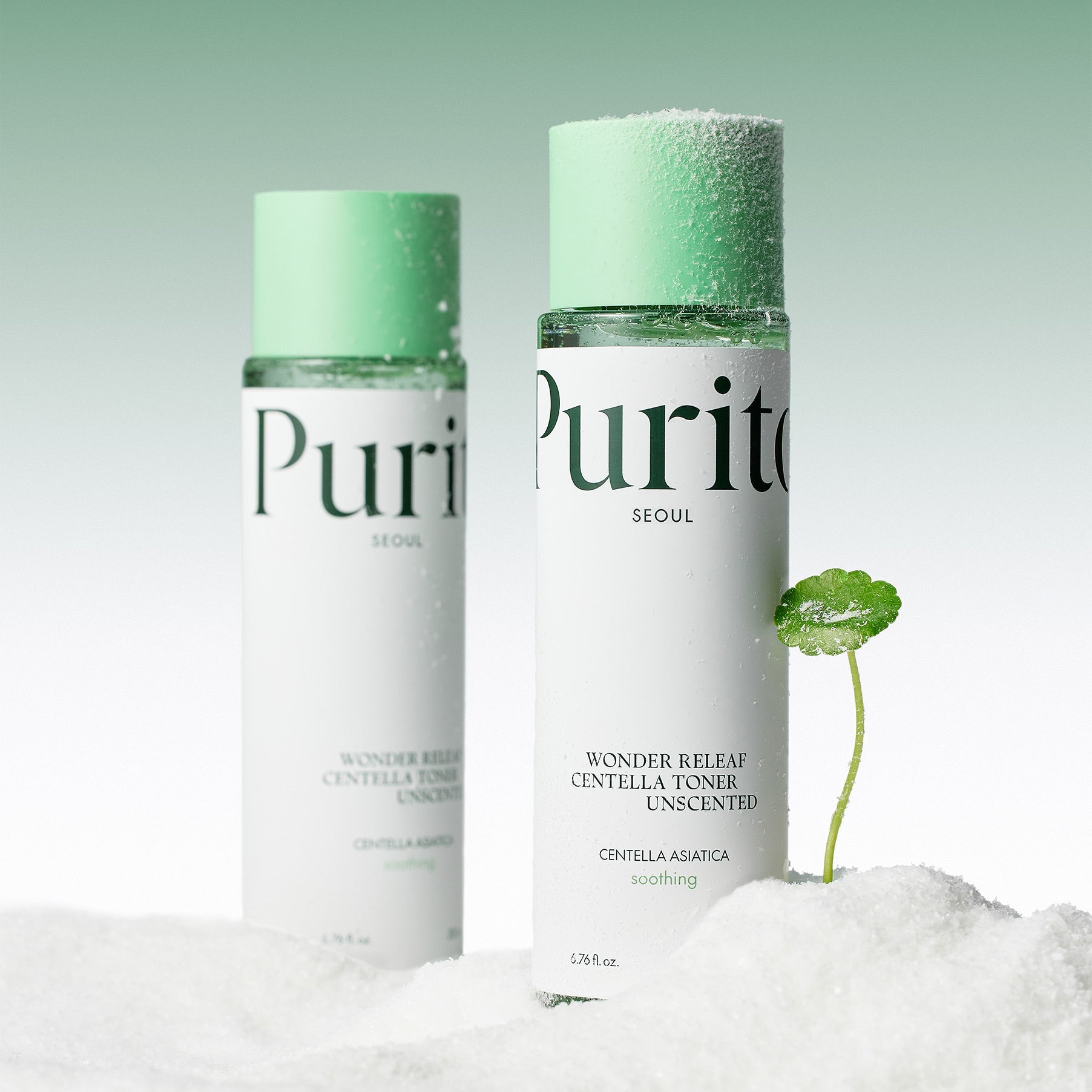 PURITO Wonder Relief Centella Toner Unscented 200ml bottle with green cap on snowy backdrop.