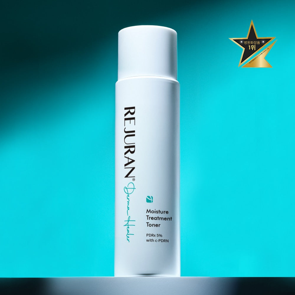 REJURAN Derma Healer Moisture Treatment Toner 150ml product bottle on a turquoise background with award emblem