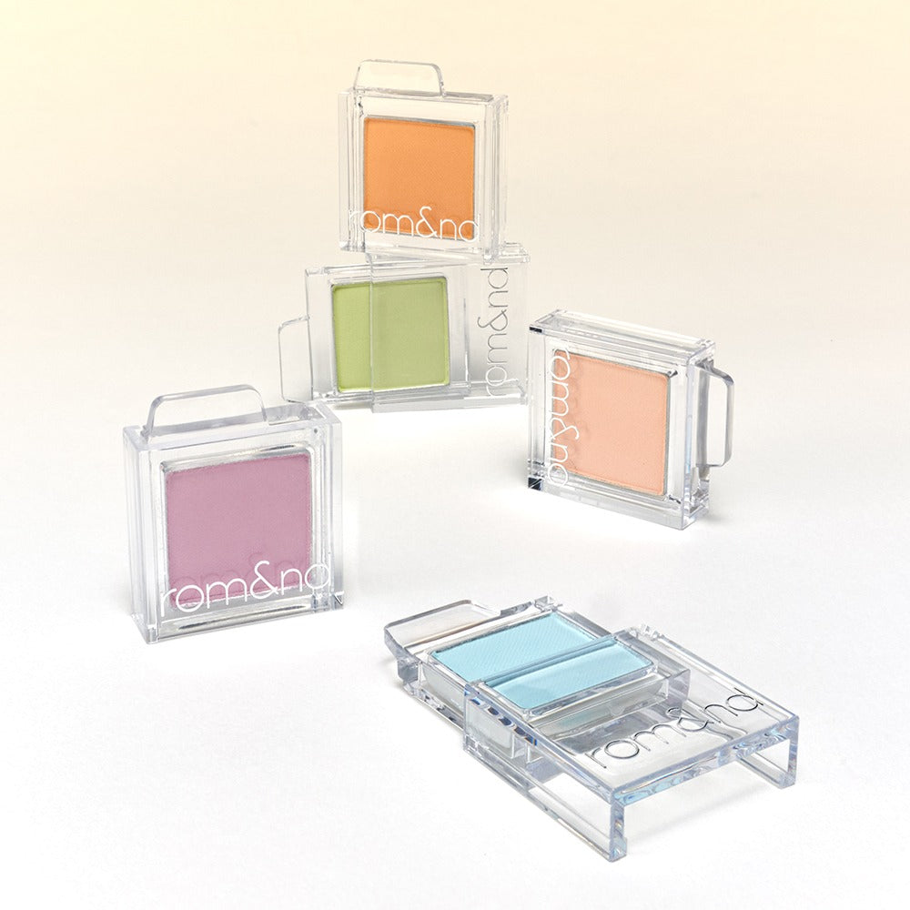 ROMAND Slide In Single eyeshadows in various colors showcasing compact packaging.
