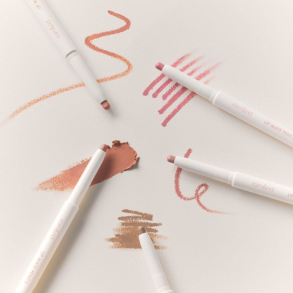 ROMAND lip mate pencil #beovershade displayed with vibrant swatches on a white background.