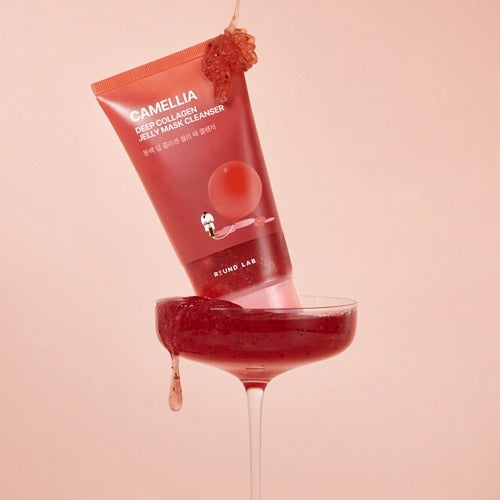 ROUND LAB Camellia Deep Collagen Jelly Pack Cleanser 150ml, product image with pink container on stylish backdrop.