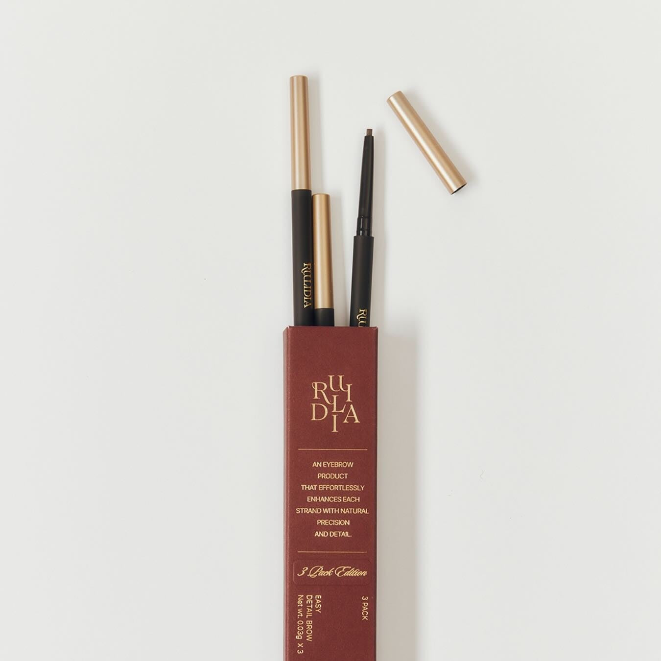 RULIDIA Easy Detail Brow pencil with packaging, featuring precise detail for perfect eyebrows.
