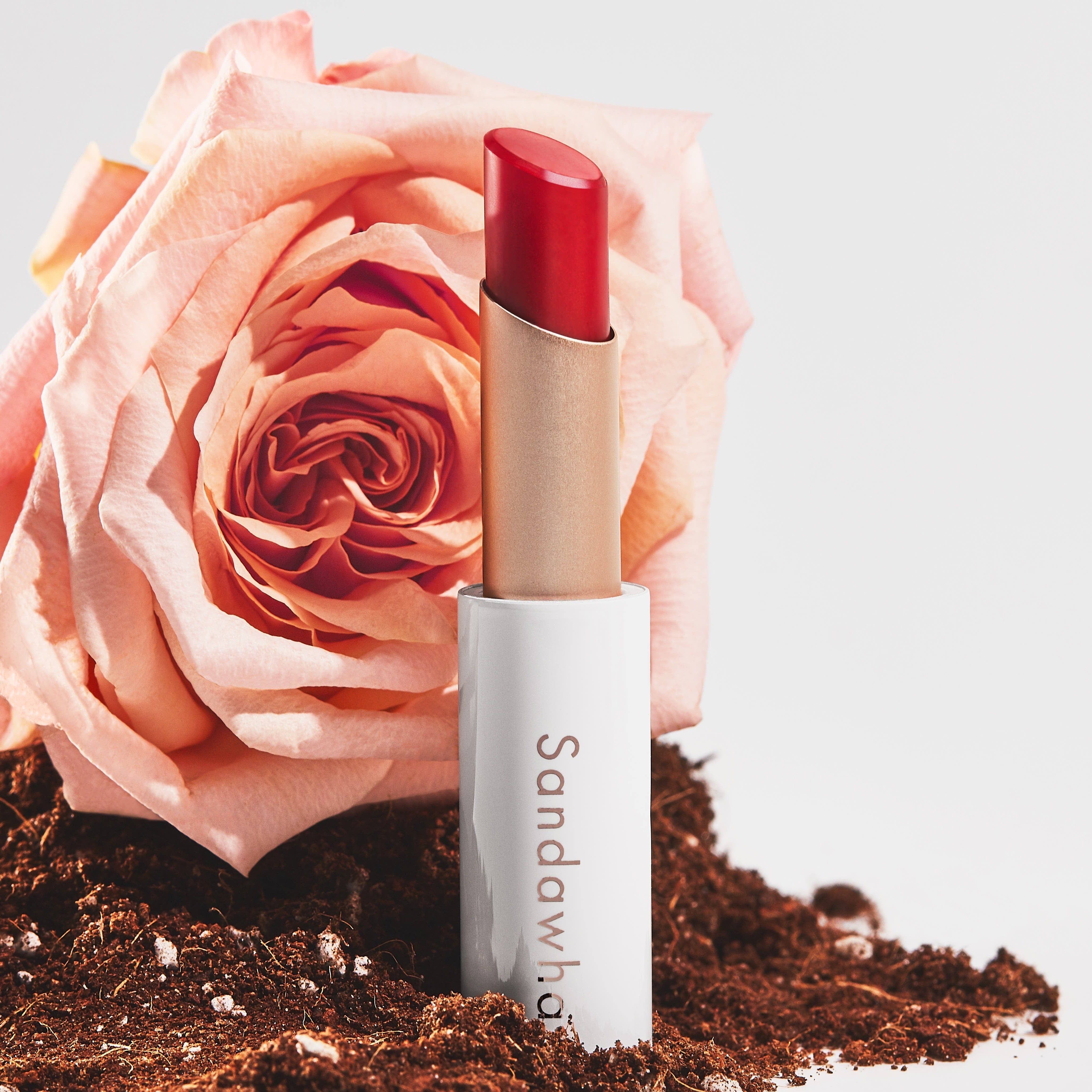 SANDAWHA Floral Halo Lip Glow shown with a blooming rose, emphasizing beauty and natural ingredients.