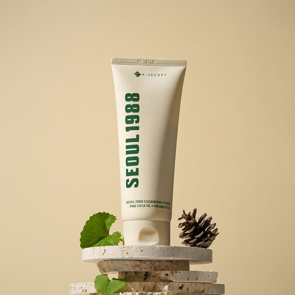 SEOUL 1988 Pine Cica Cleansing Foam displayed with pinecone and leaves on stacked stones